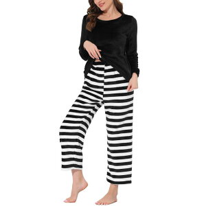 cheibear ���f�B�[�X �A���_�[�E�F�A �i�C�g�E�F�A cheibear Women'sleepwear Lounge Long Sleeve Nightwear Warm Flannel Pajama Set Black �u���b�N