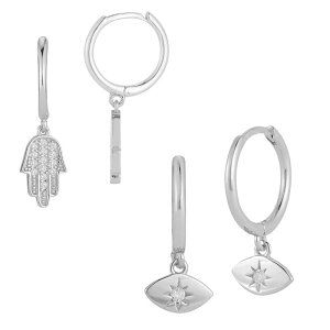 Sunkissed Sterling ���f�B�[�X �A�N�Z�T���[ �s�A�X�E�C�������O Sunkissed Sterling 14k Gold Over Silver Cubic Zirconia & Hamsa Earring Set Silver Tone �V���o�[