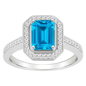 Celebration Gems ���f�B�[�X �A�N�Z�T���[ �����O Celebration Gemsterling Silver 8 mm x 6 mm Emerald Cut Gemstone & 1/5 Carat.W. Diamond Halo Ring Blue Topaz �u���[