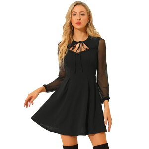 �A���O�� �P�[ ���f�B�[�X �g�b�v�X �����s�[�X �t���� �~�j ���b�V�� ALLEGRA K Women's Tie Neck Ruffled Mesh Long Sleeve Mini Dress Black �u���b�N
