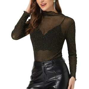 �A���O�� �P�[ ���f�B�[�X �g�b�v�X T�V���c ���b�V�� ALLEGRA K Women's Mesh Glitter Shiny Long Sleeve Shirt Slim Party Topsheer Black Gold �u���b�N