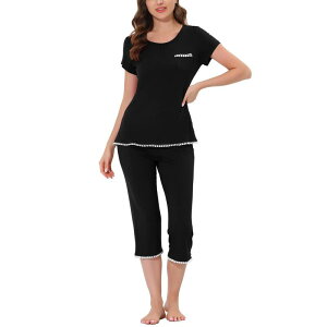 cheibear ���f�B�[�X �A���_�[�E�F�A �i�C�g�E�F�A �L���b�v cheibear Women's Lounge Sleepwear Pajama Round Neck Capri Nightwear Casual Sets Black �u���b�N
