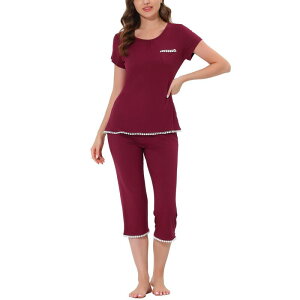 cheibear ���f�B�[�X �A���_�[�E�F�A �i�C�g�E�F�A �L���b�v cheibear Women's Lounge Sleepwear Pajama Round Neck Capri Nightwear Casual Sets Red ���b�h