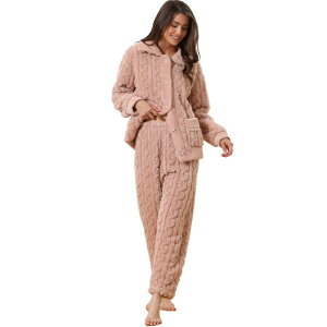 cheibear ���f�B�[�X �A���_�[�E�F�A �i�C�g�E�F�A �{�^���_�E�� �t���[�X cheibear Women's Fluffy Fleece Pajama Set Soft Warm Pockets Button Down Long Sleeve Sleepwear Pink �s���N