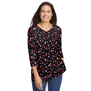 �E�[�}�� �E�B�Y�C�� ���f�B�[�X �g�b�v�X T�V���c V�l�b�N �v���X�T�C�Y �v�����g Woman Within Plusize Perfect Printed Three-Quarter Sleeve V-Neck Tee Black Tossed Hearts �u���b�N