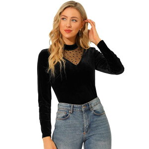 �A���O�� �P�[ ���f�B�[�X �g�b�v�X �V���c ���b�V�� �x���x�b�g ALLEGRA K Women's Casual Velvet Long Sleeve Choker Neck Heart Dots Mesh Panel Top Black �u���b�N