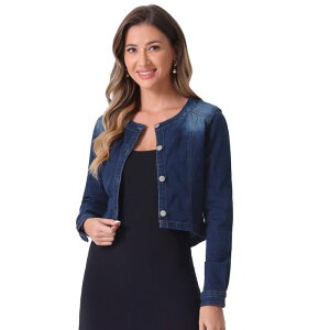 �A���O�� �P�[ ���f�B�[�X �A�E�^�[ �W���P�b�g�E�u���]�� �{�^���_�E�� �f�j�� ALLEGRA K Women's Denim Collarless Button Down Long Sleeve Jean Jacket Black Blue �u���b�N