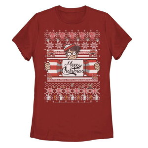 �A�j���L�����N�^�[ ���f�B�[�X �g�b�v�X T�V���c �Z�[�^�[ �O���t�B�b�N Licensed Character Juniors' Where's Waldo Christmas Waldo Ugly Sweater-Style Graphic Tee Red ���b�h