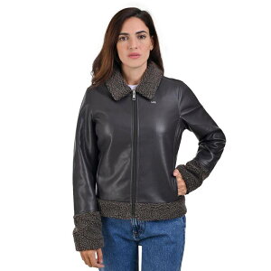���[ ���f�B�[�X �A�E�^�[ �W���P�b�g�E�u���]�� ���U�[ �t�F�C�N���U�[ Women's Lee Faux Leather With Faux Shearling Trim Casual Jacket Dark Brown �u���E��