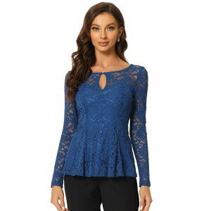 �A���O�� �P�[ ���f�B�[�X �g�b�v�X �V���c �V�A�[ �u���E�X ���[�X ALLEGRA K Women's Lace Tops Keyhole Front Peplum Hem Sheer Long Sleeve Blouse Royal Blue �u���[