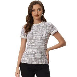 �A���O�� �P�[ ���f�B�[�X �g�b�v�X �V���c�C�[�h �u���E�X ALLEGRA K Tweed Short Sleeve Top For Women Casual Round Neck Pearl Decoration Blouse Apricot �A�v���R�b�g