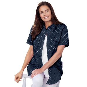 �E�[�}�� �E�B�Y�C�� ���f�B�[�X �g�b�v�X �V���c �v���X�T�C�Y ���� �R�b�g�� Woman Within Plusize Short-Sleeve Cotton Campshirt Navy Mini Dot �l�C�r�[