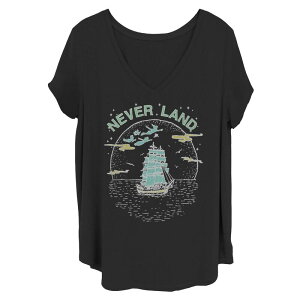 �f�B�Y�j�[ ���f�B�[�X �g�b�v�X T�V���c V�l�b�N �v���X�T�C�Y �O���t�B�b�N Disney's Peter Pan Juniors' Plus Fly To Never Land Ship Line Art V-Neck Graphic Tee Black �u���b�N