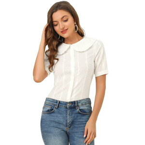 �A���O�� �P�[ ���f�B�[�X �g�b�v�X �V���c �u���E�X ALLEGRA K Women'swiss Dots Puffy Short Sleeves Button Front Shirt Peter Pan Collar Blouse Beige �x�[�W��