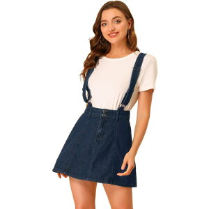 �A���O�� �P�[ ���f�B�[�X �{�g���X�J�[�g A ���C�� �~�j �R�b�g�� ALLEGRA K Women's Washed Cotton Button Front A Line Casual Mini Suspender Skirt Dark Blue �u���[