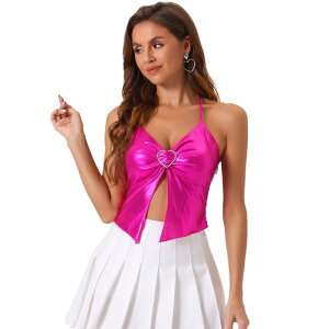 �A���O�� �P�[ ���f�B�[�X �g�b�v�X T�V���c �g�[�� �m�[�X���[�u �z���^�[ ALLEGRA K Metallic Sleeveless Top for Women Spaghetti Straps Halter Neck Clubwear Cami Top Hot Pink �s���N
