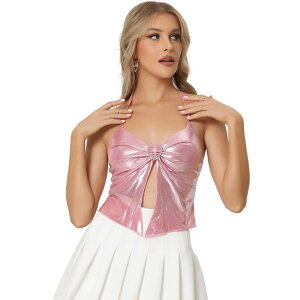 �A���O�� �P�[ ���f�B�[�X �g�b�v�X T�V���c �g�[�� �m�[�X���[�u �z���^�[ ALLEGRA K Metallic Sleeveless Top for Women Spaghetti Straps Halter Neck Clubwear Cami Topink �s���N