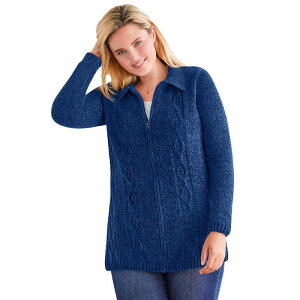 �E�[�}�� �E�B�Y�C�� ���f�B�[�X �A�E�^�[ �j�b�g�E�Z�[�^�[ �v���X�T�C�Y �J�[�f�B�K�� Woman Within Plusize Chenille Zip Cable Cardigan Sweater Evening Blue �u���[