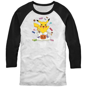 �A�j���L�����N�^�[ �����Y �g�b�v�X T�V���c Licensed Character Men's Pokmon Pikachu Treat Bag Of Candies Raglan Tee White Black �z���C�g