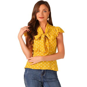 �A���O�� �P�[ ���f�B�[�X �g�b�v�X �V���c V�l�b�N �h�b�g �t���� �L���b�v �u���E�X ALLEGRA K Women'summer Polka Dots Top Bow Tie V Neck Ruffled Cap Sleeve Office Blouse Yellow �C�G���[