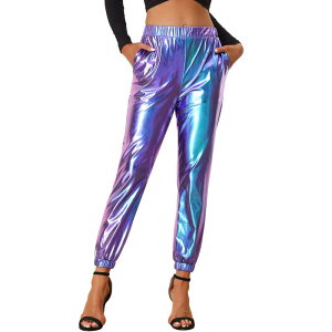 �A���O�� �P�[ ���f�B�[�X �{�g���X �J�W���A���p���c �n�C�E�G�X�g�[�� ALLEGRA K Women's Party Sparkle Shiny High Waist Metallic Jogger Pants Blue Purple �u���[
