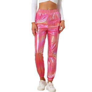 �A���O�� �P�[ ���f�B�[�X �{�g���X �J�W���A���p���c �n�C�E�G�X�g�[�� ALLEGRA K Women's Party Sparkle Shiny High Waist Metallic Jogger Pants Holographic Pink �s���N