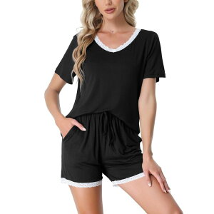 cheibear ���f�B�[�X �A���_�[�E�F�A �i�C�g�E�F�A �V���[�g�p���c cheibear Women'sleepwear Lounge Soft Nightwear With Pocketshortsleeve Pajama Set Black �u���b�N
