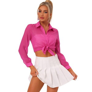 �A���O�� �P�[ ���f�B�[�X �g�b�v�X �V���c �{�^���_�E�� ���b�V�� �V�A�[ �_�E�� ALLEGRA K Women's Mesheer Tops Point Collar Long Sleeve Button Down Shirt Hot Pink �s���N