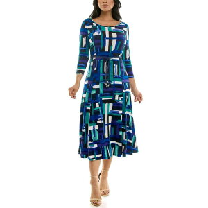 �j�i���I�i���h ���f�B�[�X �g�b�v�X �����s�[�X �~�f�B Women's Nina Leonard Sylvia Three-Quarter Sleeve Belted Midi Dress Rift Multi Combo �}���`�J���[