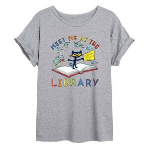 �A�j���L�����N�^�[ ���f�B�[�X �g�b�v�X T�V���c �O���t�B�b�N Licensed Character Juniors' Pete The Cat Meet Me Athe Library Oversized Graphic Tee Gray �O���[