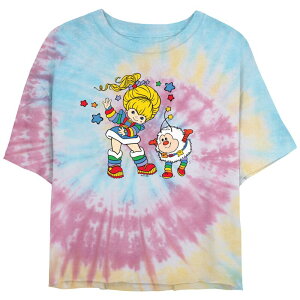 �A�j���L�����N�^�[ ���f�B�[�X �g�b�v�X T�V���c �O���t�B�b�N Licensed Character Juniors' Rainbow Brite And Twink Dancing Crop Top Tie Dye Graphic Tee Blue Pink Light Yellow �u���[