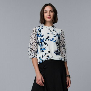 ���F���E�H�� ���f�B�[�X �g�b�v�X �V���c Women'simply Vera Wang Mixed Media Twist Sleeve Top White Blue Floral �z���C�g