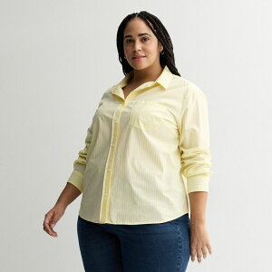 �\�m�} ���f�B�[�X �g�b�v�X �V���c �v���X�T�C�Y Plusize Sonoma Goods For Lifeveryday Button Up Long Sleeve Shirt Soft Yellow Stripe �C�G���[