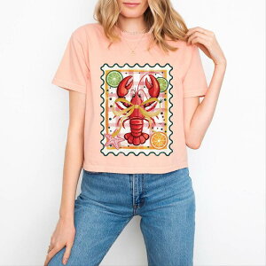 Simply Sage Market ���f�B�[�X �g�b�v�X T�V���c �O���t�B�b�N Simply Sage Market Lobster Stamp Checkered - Women's Boxy Crop Top Graphic T-Shirt Peachy �`�F�b�N