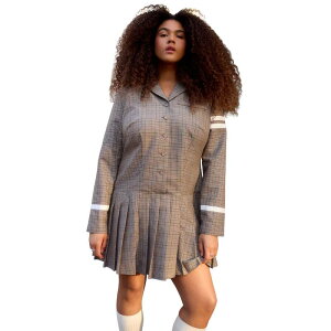 �G���N�C ���f�B�[�X �g�b�v�X �����s�[�X �v���X�T�C�Y �v���[�c �~�j ELOQUII Women's Plusize Pleated Plaid Mini Dress Brown Plaid �u���E��