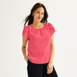 �i�C���E�F�X�g ���f�B�[�X �g�b�v�X �V���c �N���[�l�b�N �u���E�X Women's Nine West Gathered Crewneck Tulip Sleeve Blouse Coral Vista �R�[����
