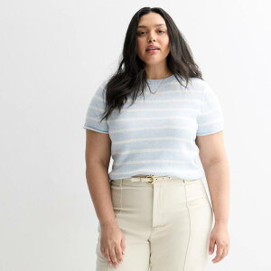 �G�X�I�[ ���f�B�[�X �A�E�^�[ �j�b�g�E�Z�[�^�[ �N���[�l�b�N �v���X�T�C�Y Juniors' Plusize SO Short Sleeve Crewneck Sweater Light Blue Stripe �u���[