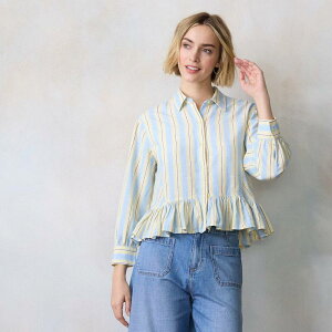 LC Lauren Conrad ���f�B�[�X �g�b�v�X �V���c �t���� Women's LC Lauren Conrad Collared Button-Front Shirt With Ruffle Yelloweston Stripe �C�G���[