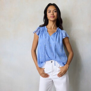 LC Lauren Conrad ���f�B�[�X �g�b�v�X �V���c V�l�b�N �t���� Women's LC Lauren Conrad Ruffle V-Neck with Trim Top Blue Dandelion Sprigs �u���[