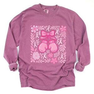Simply Sage Market ���f�B�[�X �g�b�v�X T�V���c �O���t�B�b�N Simply Sage Market Breast Cancer Boxingloves - Women's Garment Dyed Long Sleeve Graphic T-Shirt Berry