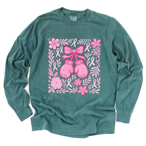 Simply Sage Market ���f�B�[�X �g�b�v�X T�V���c �O���t�B�b�N Simply Sage Market Breast Cancer Boxingloves - Women's Garment Dyed Long Sleeve Graphic T-Shirt Blue Spruce �u���[