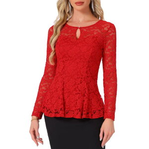 �A���O�� �P�[ ���f�B�[�X �g�b�v�X �V���c �V�A�[ �u���E�X ���[�X ALLEGRA K Women's Lace Tops Keyhole Front Peplum Hem Sheer Long Sleeve Blouse Red ���b�h