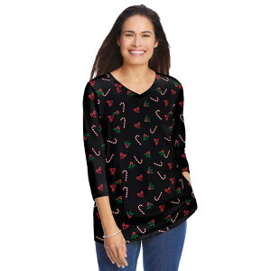 �E�[�}�� �E�B�Y�C�� ���f�B�[�X �g�b�v�X T�V���c V�l�b�N �v���X�T�C�Y �v�����g Woman Within Plusize Perfect Printed Three-Quarter Sleeve V-Neck Tee Black Mistletoe �u���b�N