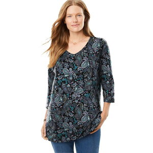 �E�[�}�� �E�B�Y�C�� ���f�B�[�X �g�b�v�X T�V���c V�l�b�N �v���X�T�C�Y �v�����g Woman Within Plusize Perfect Printed Three-Quarter Sleeve V-Neck Tee Black Paisley �u���b�N