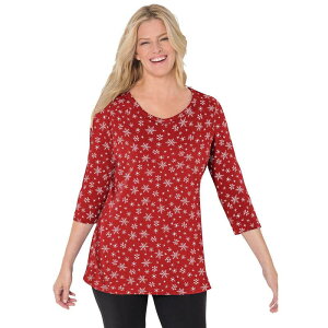 �E�[�}�� �E�B�Y�C�� ���f�B�[�X �g�b�v�X T�V���c V�l�b�N �v���X�T�C�Y �v�����g Woman Within Plusize Perfect Printed Three-Quarter Sleeve V-Neck Tee Classic Red Snowflakes ���b�h