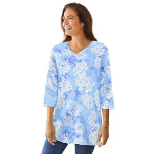 �E�[�}�� �E�B�Y�C�� ���f�B�[�X �g�b�v�X T�V���c V�l�b�N �v���X�T�C�Y �v�����g Woman Within Plusize Perfect Printed Three-Quarter Sleeve V-Neck Tee French Blue Soft Lotus �u���[