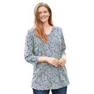 �E�[�}�� �E�B�Y�C�� ���f�B�[�X �g�b�v�X T�V���c V�l�b�N �v���X�T�C�Y �v�����g Woman Within Plusize Perfect Printed Three-Quarter Sleeve V-Neck Tee Heather Grey Pretty �O���[