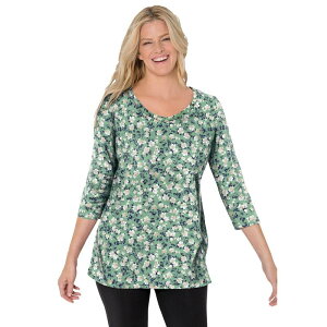 �E�[�}�� �E�B�Y�C�� ���f�B�[�X �g�b�v�X T�V���c V�l�b�N �v���X�T�C�Y �v�����g Woman Within Plusize Perfect Printed Three-Quarter Sleeve V-Neck Tee Sage Blossom Vine �Z�[�W