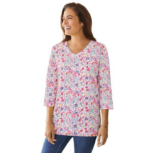 �E�[�}�� �E�B�Y�C�� ���f�B�[�X �g�b�v�X T�V���c V�l�b�N �v���X�T�C�Y �v�����g Woman Within Plusize Perfect Printed Three-Quarter Sleeve V-Neck Tee White Swirl Ditsy �z���C�g