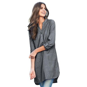Ellos ���f�B�[�X �g�b�v�X T�V���c �����b�N�X�t�B�b�g �v���X�T�C�Y �R�b�g�� ellos Plusize Three-Quarter Sleeve Roll Tab Relaxed Fit 100% Cotton Henley Tunic Black Stripe �u���b�N